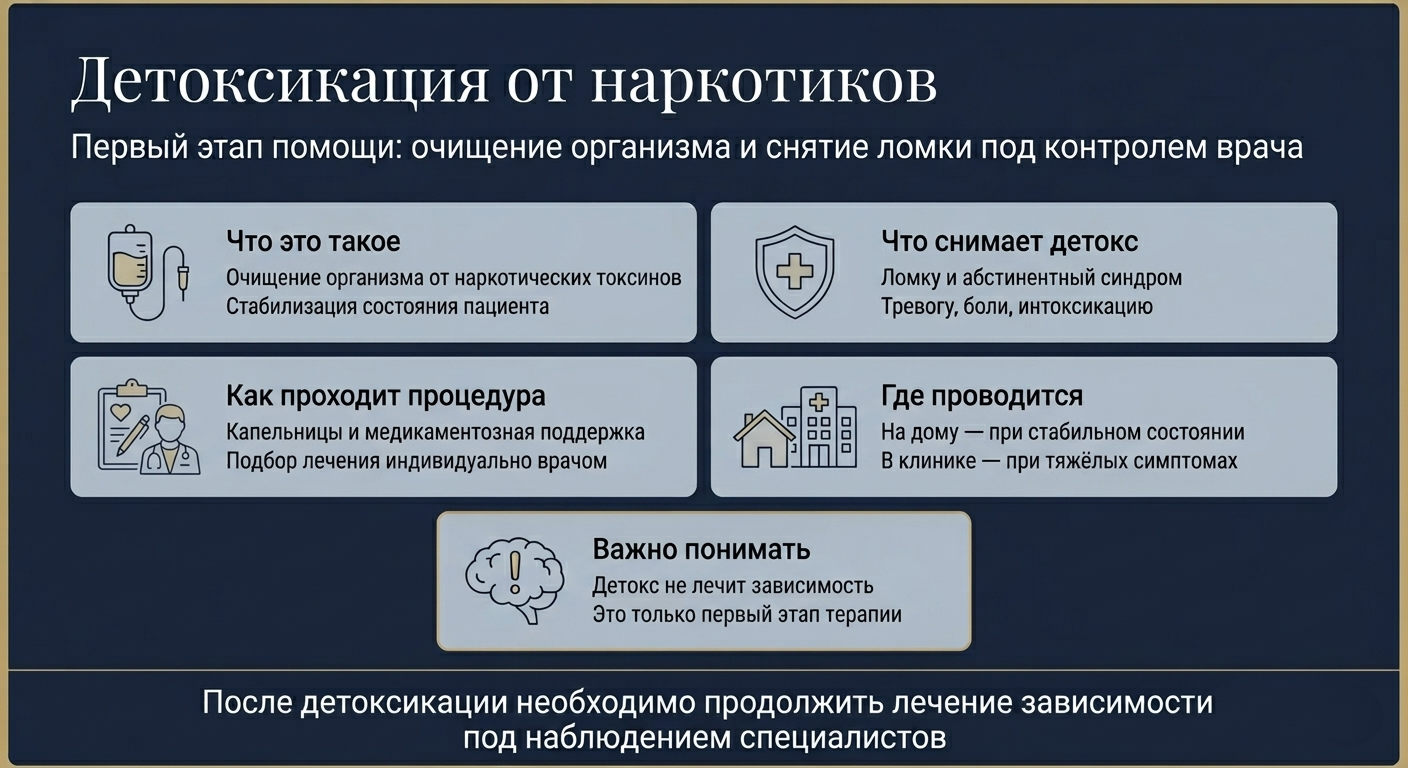 Инфографика с этапами и особенностями процедуры детоксикации от наркотиков под контролем врача.
