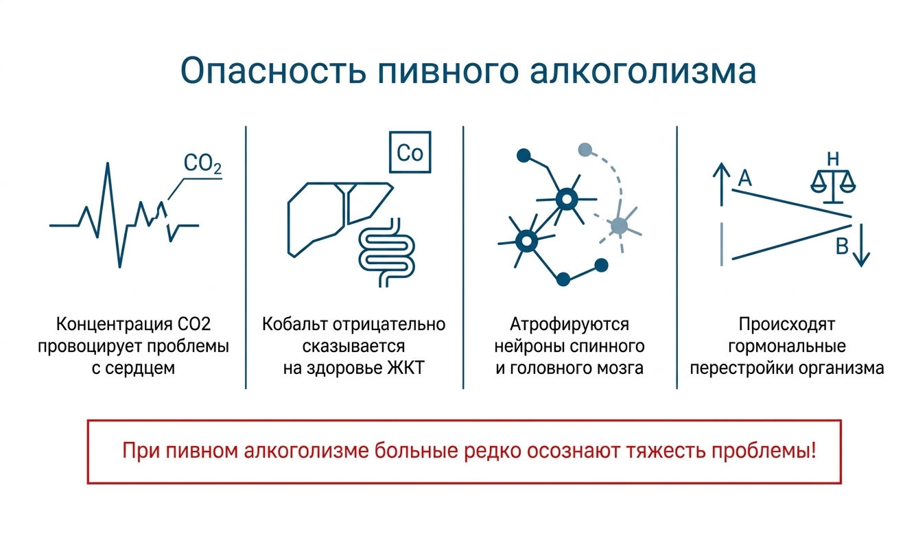 Инфографика с последствиями пивного алкоголизма: влияние на сердце, ЖКТ, нейроны и гормональный фон при лечении пивного алкоголизма